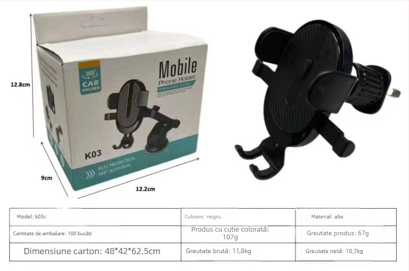 Suport pentru telefon auto cu ventuză, reglaj telescopic, potrivire universală pentru bord, consola centrală sau gură de aer, stabil antișoc