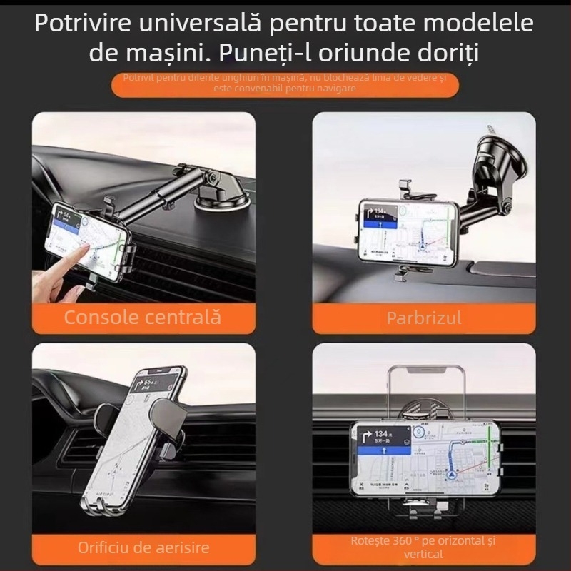 Suport pentru telefon auto cu ventuză, reglaj telescopic, potrivire universală pentru bord, consola centrală sau gură de aer, stabil antișoc