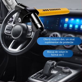 Blocare volan auto, în formă de T, metal, model BY-1565, universal pentru vehicule, cilindru de încuietoare plum