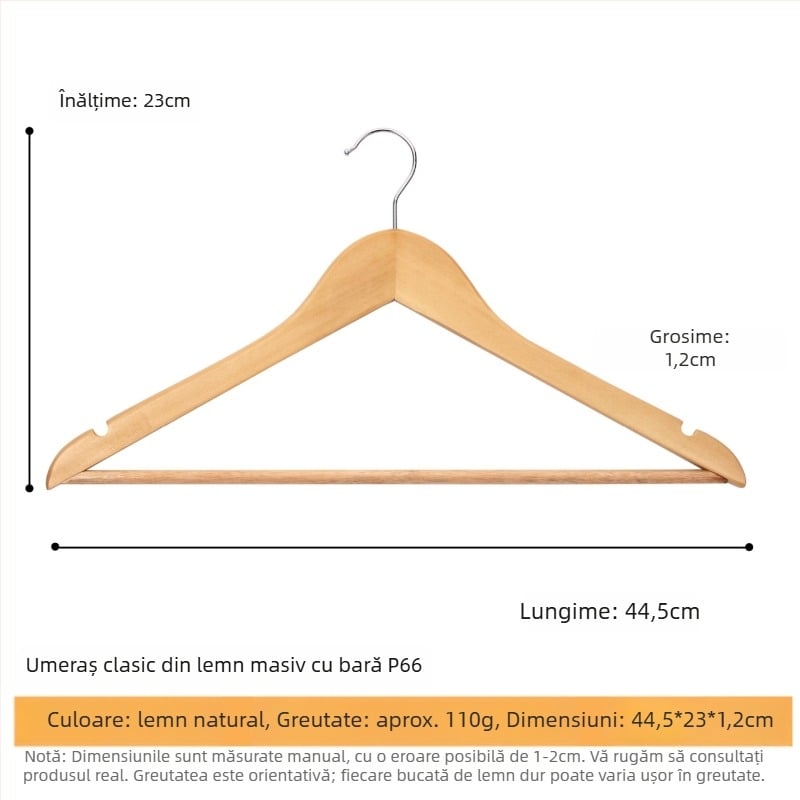 Umeraș din lemn masiv cu cârlig plat, bandă anti-derapare canelată, știfturi pe ambele părți, fără zgârieturi – Model CJWMC23