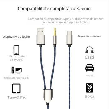 Neutral cablu audio de încărcare Type-C, USB + 3.5 mm pentru car AUX, nucleu din cupru placat cu tin, conductor din cupru fără oxigen, placare cu nichel