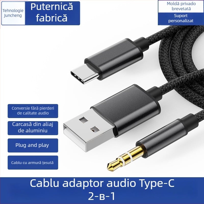 Neutral cablu audio de încărcare Type-C, USB + 3.5 mm pentru car AUX, nucleu din cupru placat cu tin, conductor din cupru fără oxigen, placare cu nichel
