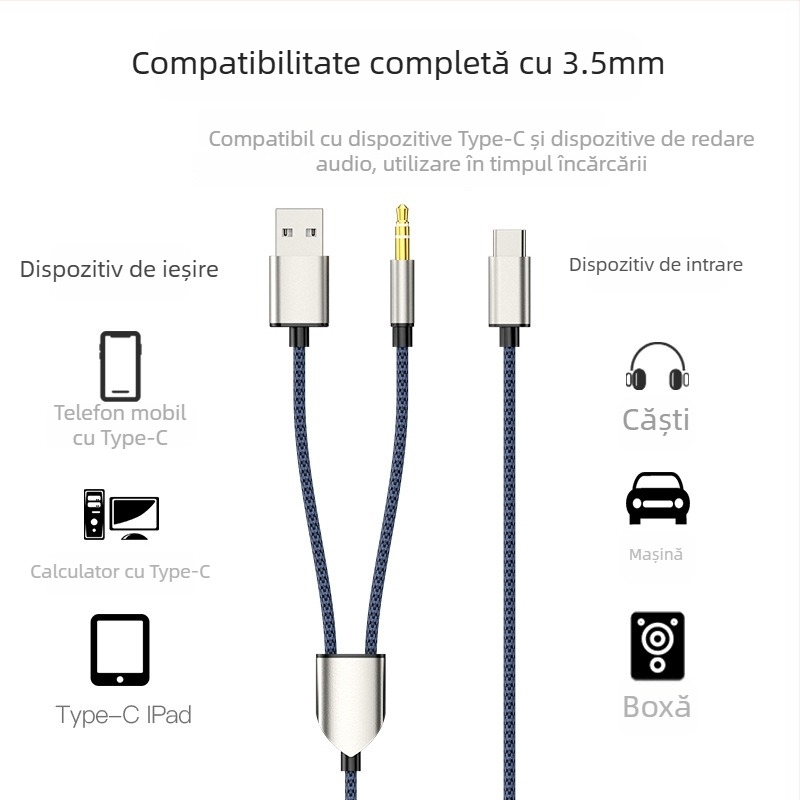 Neutral cablu audio de încărcare Type-C, USB + 3.5 mm pentru car AUX, nucleu din cupru placat cu tin, conductor din cupru fără oxigen, placare cu nichel