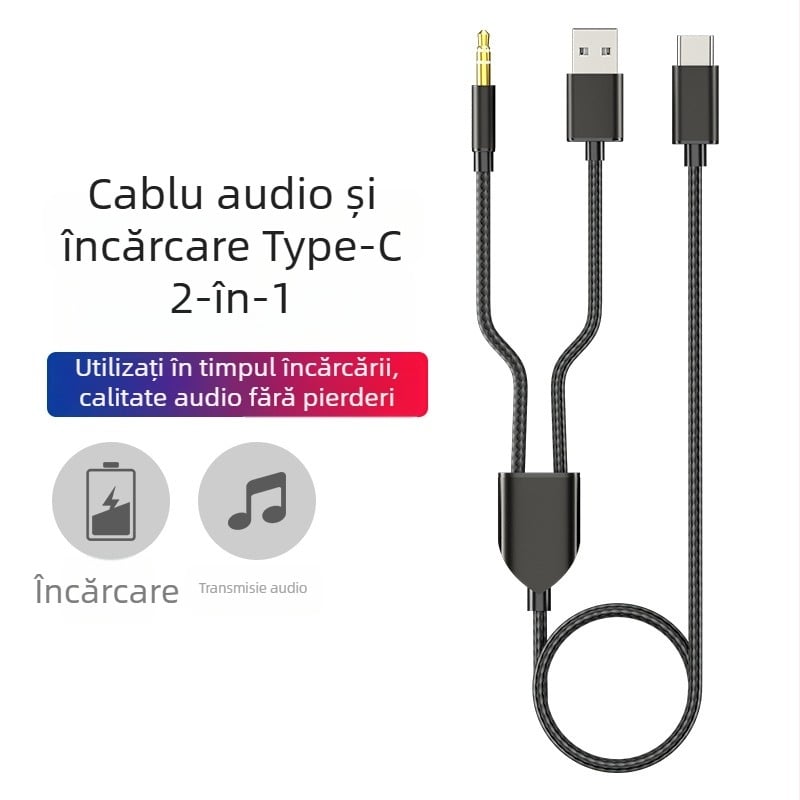 Neutral cablu audio de încărcare Type-C, USB + 3.5 mm pentru car AUX, nucleu din cupru placat cu tin, conductor din cupru fără oxigen, placare cu nichel