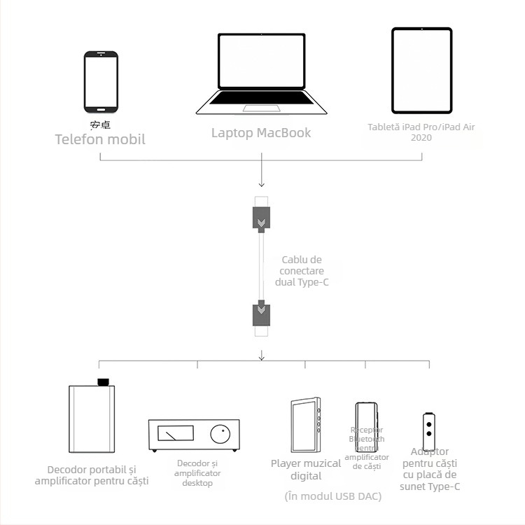 OKCSC Cablu DAC Type-C către Lightning și Type-C pentru căști, Hi-Fi, cupru pur