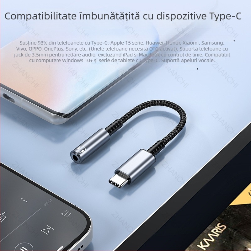 ZHANCHI WIRE&CABLE ZC-7001 DAC Linie de sunet digital USB-C la 3,5 mm, adaptor decodare, cupru fără oxigen, placare cu nichel, ROHS