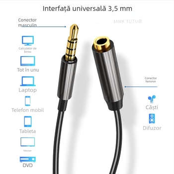 Cablu de extensie audio 3,5 mm, cu mufa bărbat–femeie, 4 conductori, pentru microfoane și căști