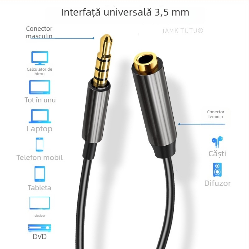 Cablu de extensie audio 3,5 mm, cu mufa bărbat–femeie, 4 conductori, pentru microfoane și căști
