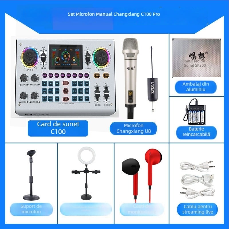 Carte audio externă pentru streaming live, jocuri și karaoke | Model C100, Bluetooth 5.0, răspuns în frecvență 40Hz-20kHz, SNR ≥75dB, baterie încorporată