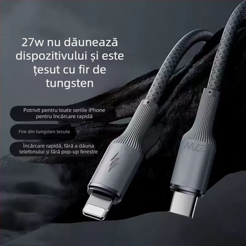 Cablu Apple PD de încărcare rapidă, din denim împletit, interfețe Lightning și USB-C, până la 27W