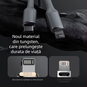 Cablu Apple PD de încărcare rapidă, din denim împletit, interfețe Lightning și USB-C, până la 27W