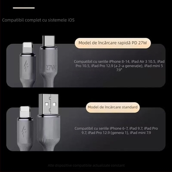 Cablu Apple PD de încărcare rapidă, din denim împletit, interfețe Lightning și USB-C, până la 27W