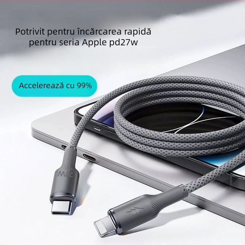 Cablu Apple PD de încărcare rapidă, din denim împletit, interfețe Lightning și USB-C, până la 27W