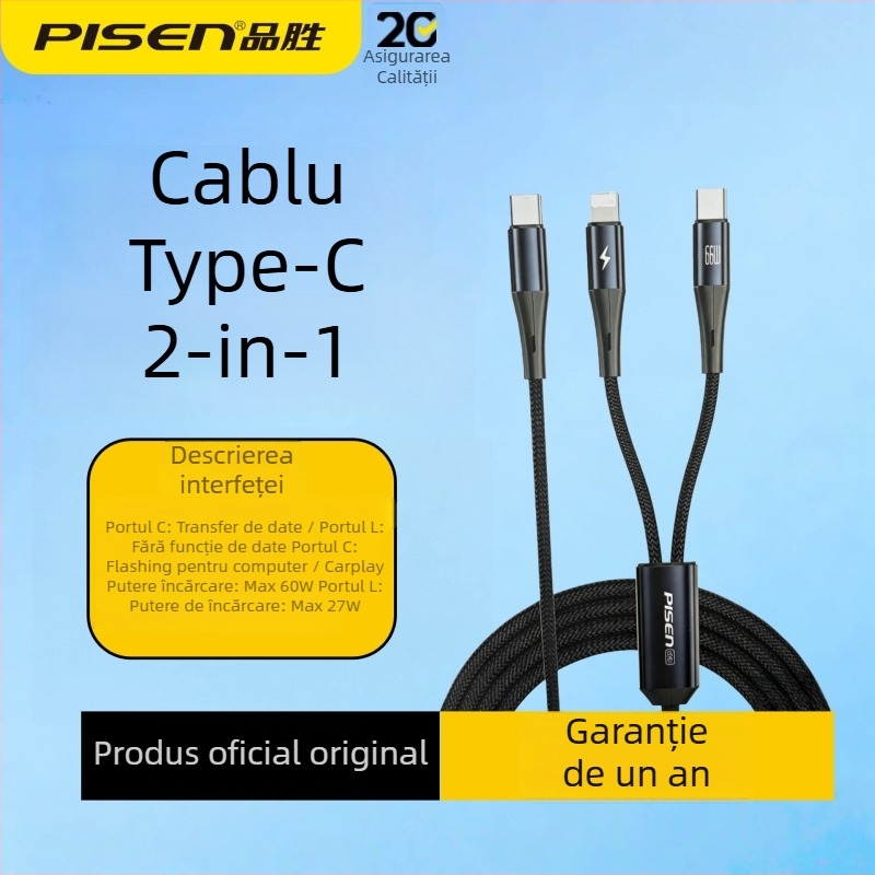 Pisen cablu de date 2-in-1 cu conectori Lightning și Type-C, încărcare rapidă PD până la 60W, pentru iPhone 15 și dispozitive Android