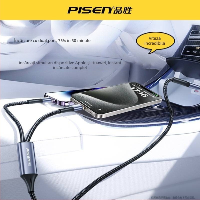 Pisen cablu de date 2-in-1 cu conectori Lightning și Type-C, încărcare rapidă PD până la 60W, pentru iPhone 15 și dispozitive Android