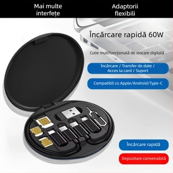 Cutie de stocare cabluri 6-în-1, încărcare 60W și transfer de date, adaptor multifuncțional cu Lightning, USB-C, Micro USB și OTG, 1–5 conectori, material TPE
