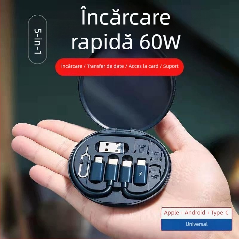 Cutie de stocare cabluri 6-în-1, încărcare 60W și transfer de date, adaptor multifuncțional cu Lightning, USB-C, Micro USB și OTG, 1–5 conectori, material TPE