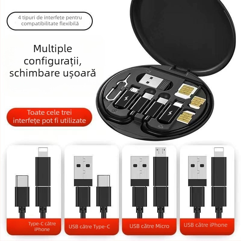 Cutie de stocare cabluri 6-în-1, încărcare 60W și transfer de date, adaptor multifuncțional cu Lightning, USB-C, Micro USB și OTG, 1–5 conectori, material TPE
