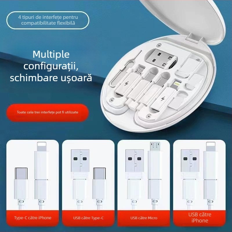 Cutie de stocare cabluri 6-în-1, încărcare 60W și transfer de date, adaptor multifuncțional cu Lightning, USB-C, Micro USB și OTG, 1–5 conectori, material TPE