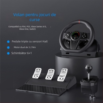 Volan de curse pentru simulare de condus, cu set de trei pedale, schimbător și afișaj LED, conectivitate USB; compatibil PC, PS4, Xbox Series X/S, Switch