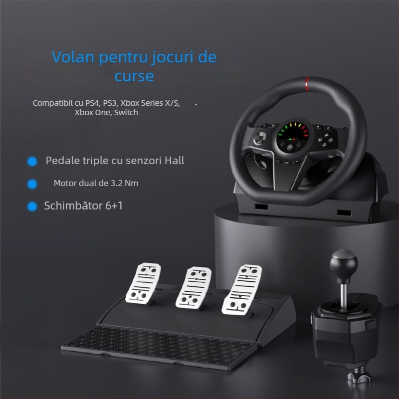 Volan de curse pentru simulare de condus, cu set de trei pedale, schimbător și afișaj LED, conectivitate USB; compatibil PC, PS4, Xbox Series X/S, Switch