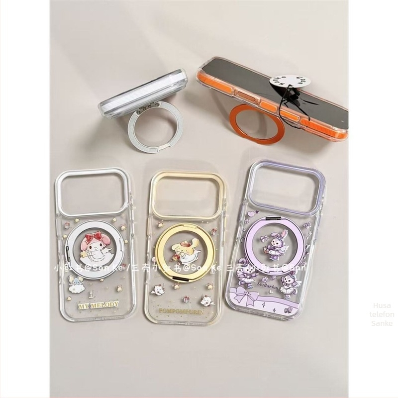 Carcasă de protecție pentru telefon cu suport transparent pliabil; design drăguț cu personaje de desene animate; protecție anti-cădere; pentru iPhone 15 și 16 Pro