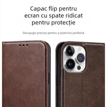 Husă portofel din piele naturală cu buzunar pentru carduri pentru iPhone 12, 12 Pro, 12 Pro Max, 13, 13 Pro, 13 Pro Max, 14, 14 Pro, 14 Pro Max, 14 Max și 15 Pro — protecție antișoc, suport, antiamprentă