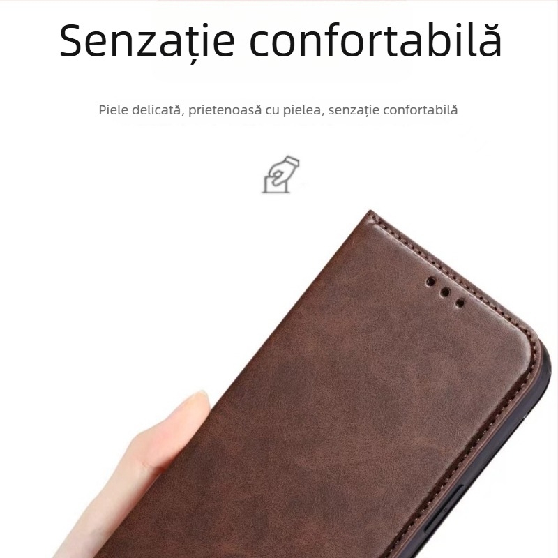 Husă portofel din piele naturală cu buzunar pentru carduri pentru iPhone 12, 12 Pro, 12 Pro Max, 13, 13 Pro, 13 Pro Max, 14, 14 Pro, 14 Pro Max, 14 Max și 15 Pro — protecție antișoc, suport, antiamprentă