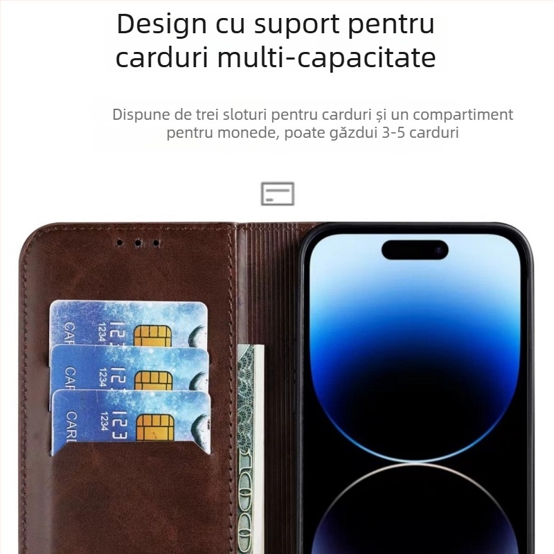 Husă portofel din piele naturală cu buzunar pentru carduri pentru iPhone 12, 12 Pro, 12 Pro Max, 13, 13 Pro, 13 Pro Max, 14, 14 Pro, 14 Pro Max, 14 Max și 15 Pro — protecție antișoc, suport, antiamprentă