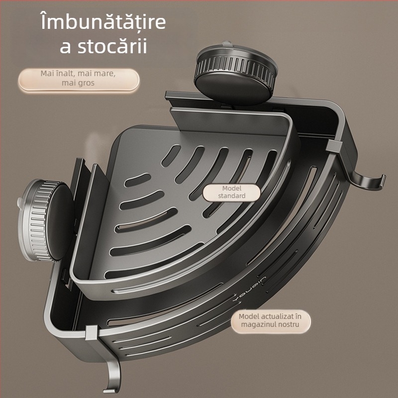 Raft de colț montat pe perete pentru baie, cu ventuză, din aliaj de aluminiu, finisaj vopsire la cuptor, sarcină 5–10 kg, 1 etaj, colț cu formă de ventilator