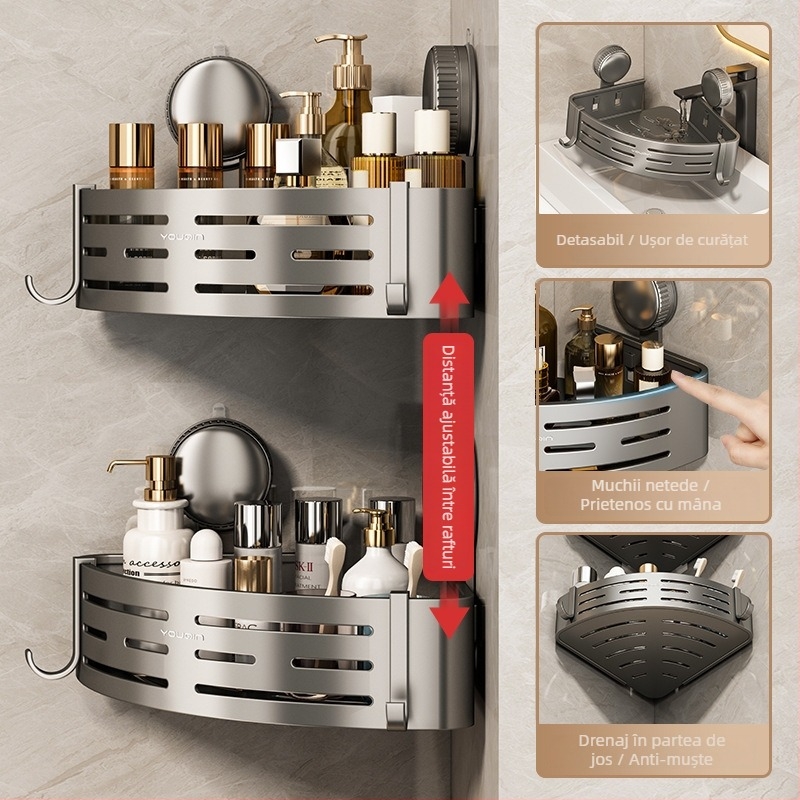 Raft de colț montat pe perete pentru baie, cu ventuză, din aliaj de aluminiu, finisaj vopsire la cuptor, sarcină 5–10 kg, 1 etaj, colț cu formă de ventilator