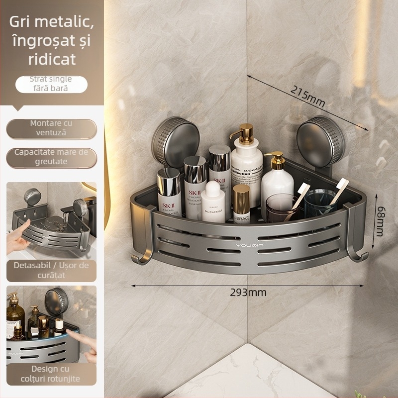 Raft de colț montat pe perete pentru baie, cu ventuză, din aliaj de aluminiu, finisaj vopsire la cuptor, sarcină 5–10 kg, 1 etaj, colț cu formă de ventilator