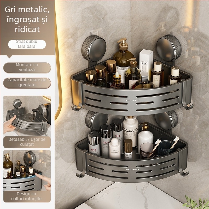 Raft de colț montat pe perete pentru baie, cu ventuză, din aliaj de aluminiu, finisaj vopsire la cuptor, sarcină 5–10 kg, 1 etaj, colț cu formă de ventilator