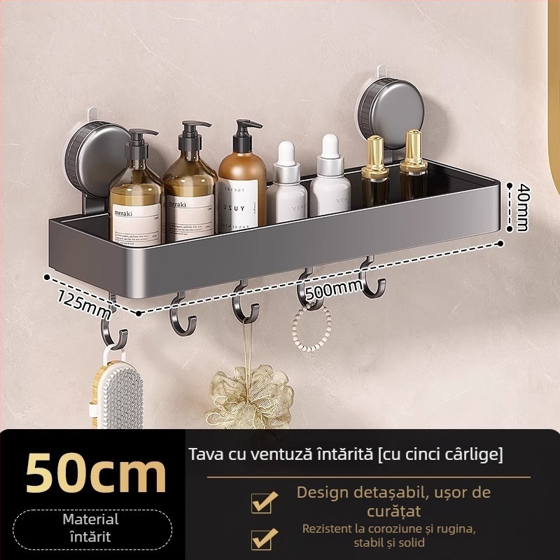 Raft de colț montat pe perete pentru baie, cu ventuză, din aliaj de aluminiu, finisaj vopsire la cuptor, sarcină 5–10 kg, 1 etaj, colț cu formă de ventilator