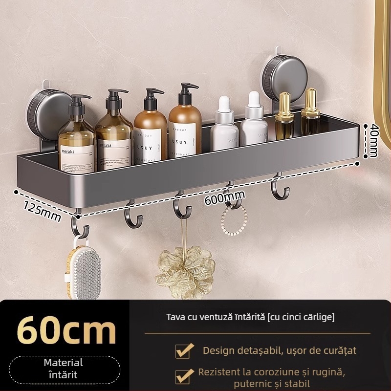 Raft de colț montat pe perete pentru baie, cu ventuză, din aliaj de aluminiu, finisaj vopsire la cuptor, sarcină 5–10 kg, 1 etaj, colț cu formă de ventilator