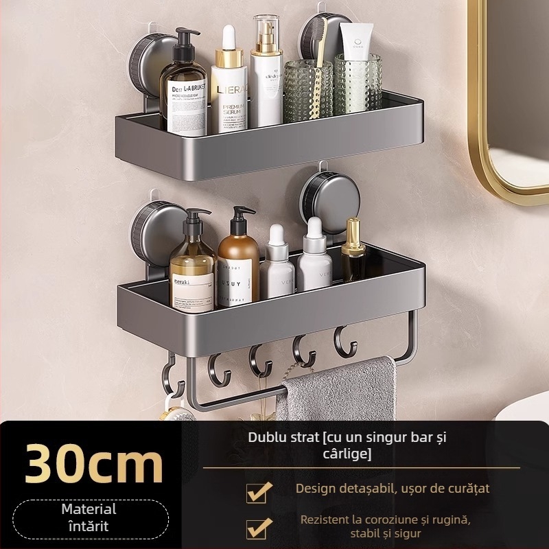 Raft de colț montat pe perete pentru baie, cu ventuză, din aliaj de aluminiu, finisaj vopsire la cuptor, sarcină 5–10 kg, 1 etaj, colț cu formă de ventilator