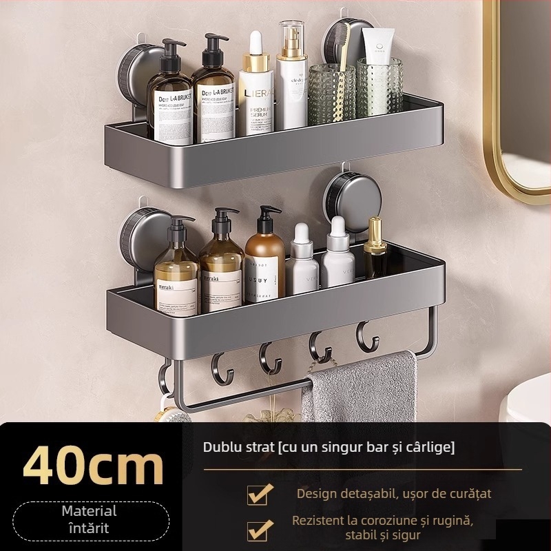 Raft de colț montat pe perete pentru baie, cu ventuză, din aliaj de aluminiu, finisaj vopsire la cuptor, sarcină 5–10 kg, 1 etaj, colț cu formă de ventilator