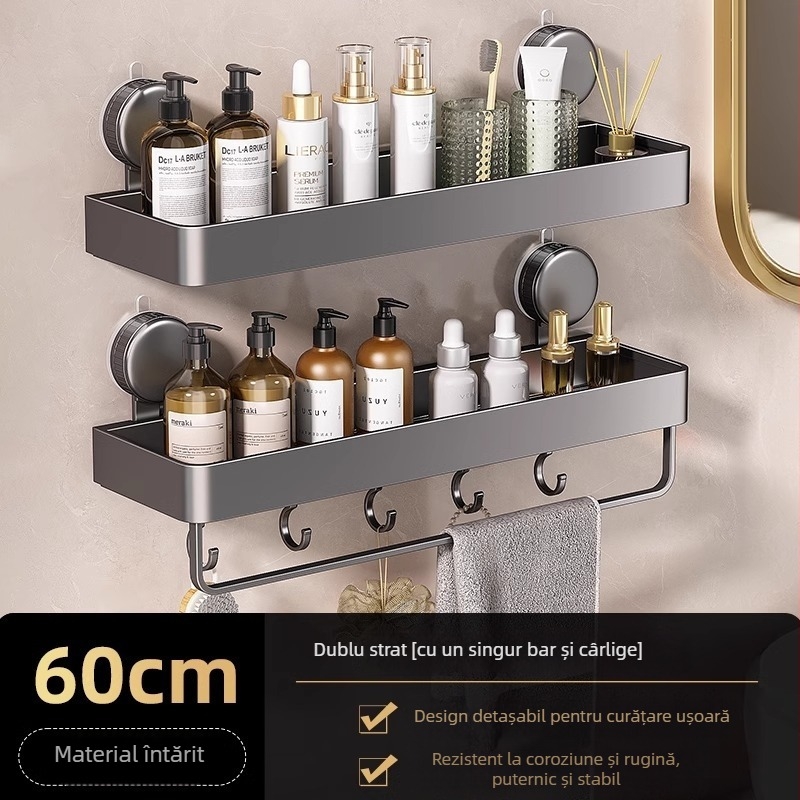 Raft de colț montat pe perete pentru baie, cu ventuză, din aliaj de aluminiu, finisaj vopsire la cuptor, sarcină 5–10 kg, 1 etaj, colț cu formă de ventilator