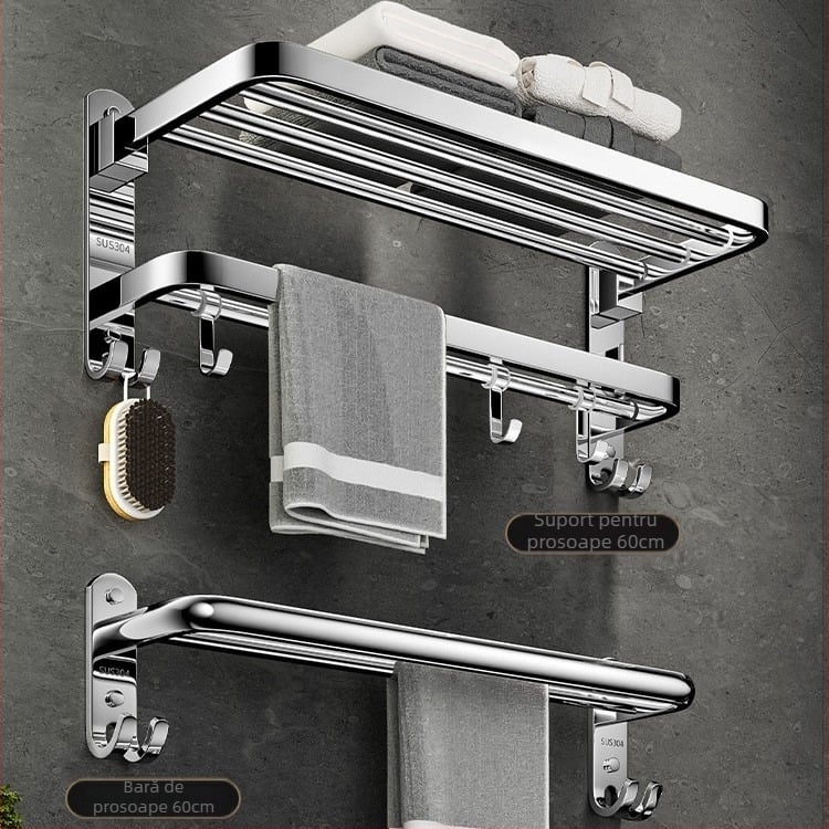 Suport prosoape din oțel inoxidabil 304, 2 niveluri, montat pe perete, fără găuri, pliabil