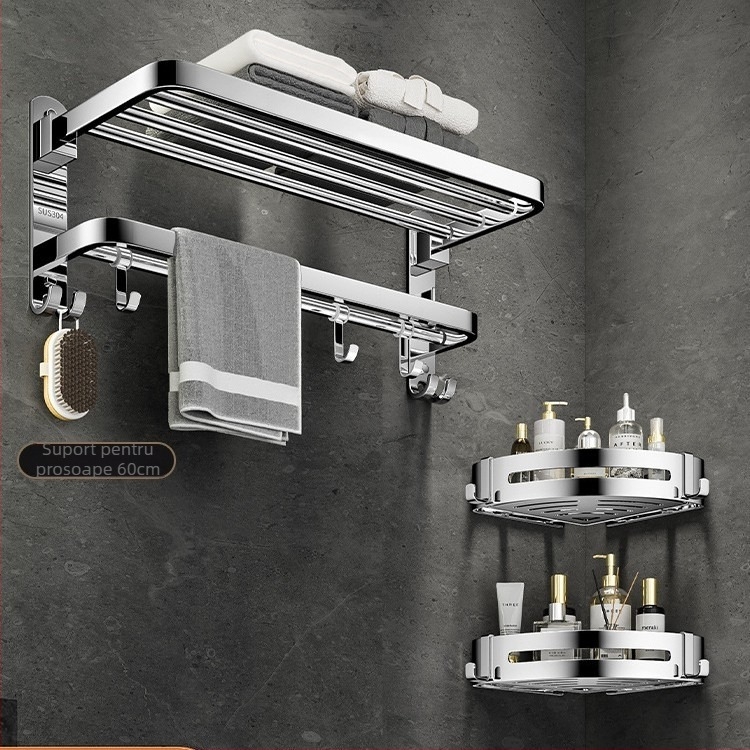 Suport prosoape din oțel inoxidabil 304, 2 niveluri, montat pe perete, fără găuri, pliabil