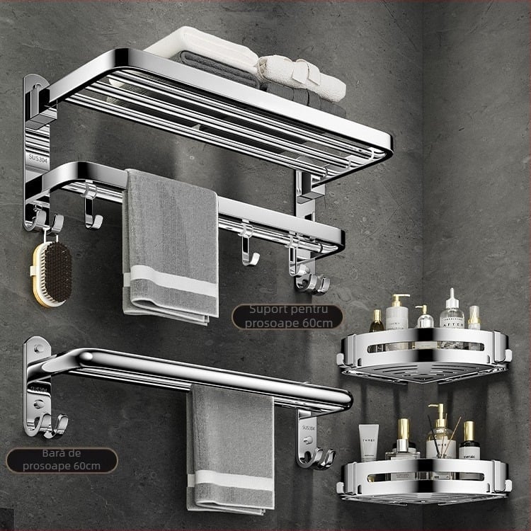 Suport prosoape din oțel inoxidabil 304, 2 niveluri, montat pe perete, fără găuri, pliabil