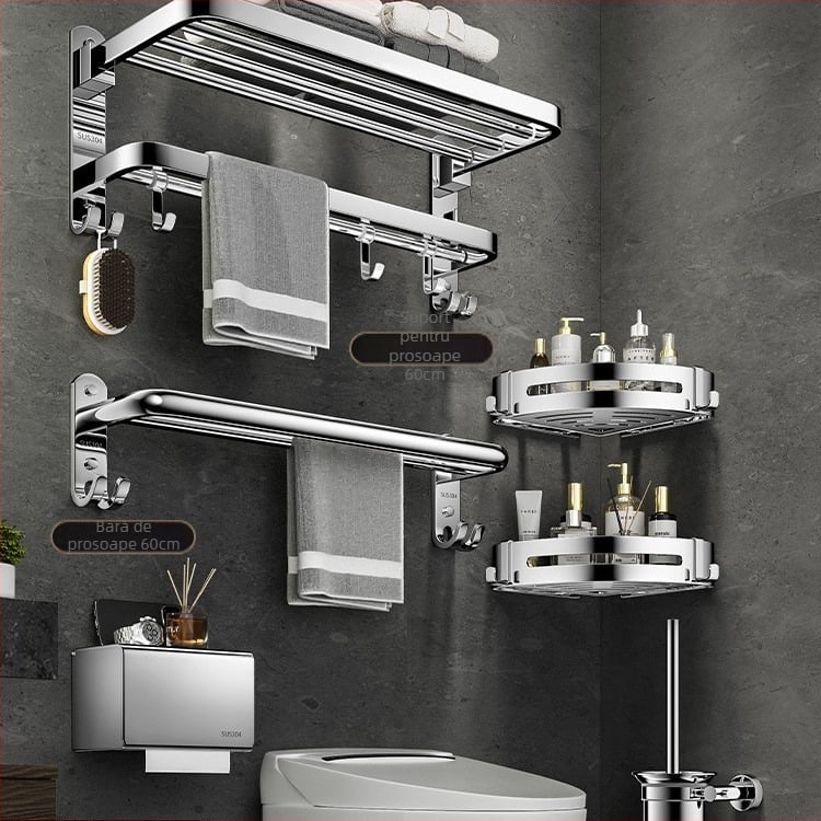 Suport prosoape din oțel inoxidabil 304, 2 niveluri, montat pe perete, fără găuri, pliabil