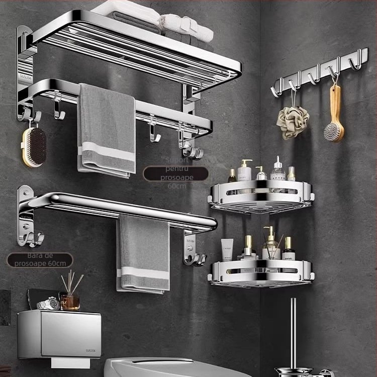 Suport prosoape din oțel inoxidabil 304, 2 niveluri, montat pe perete, fără găuri, pliabil