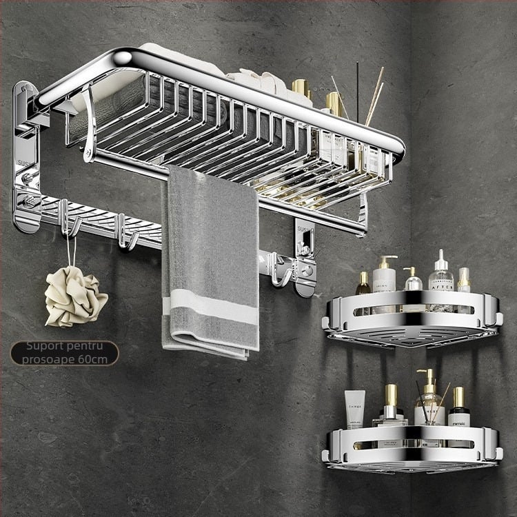 Suport prosoape din oțel inoxidabil 304, 2 niveluri, montat pe perete, fără găuri, pliabil