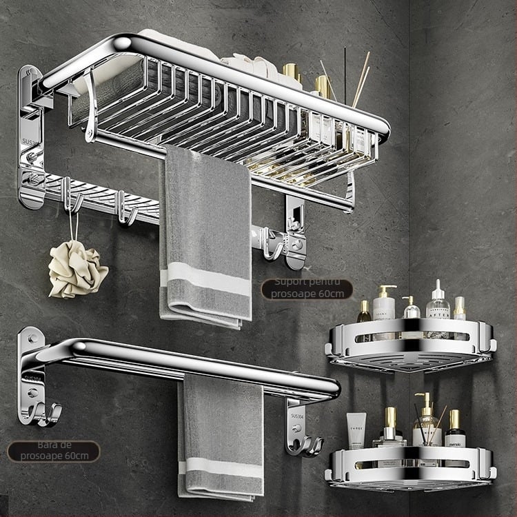 Suport prosoape din oțel inoxidabil 304, 2 niveluri, montat pe perete, fără găuri, pliabil