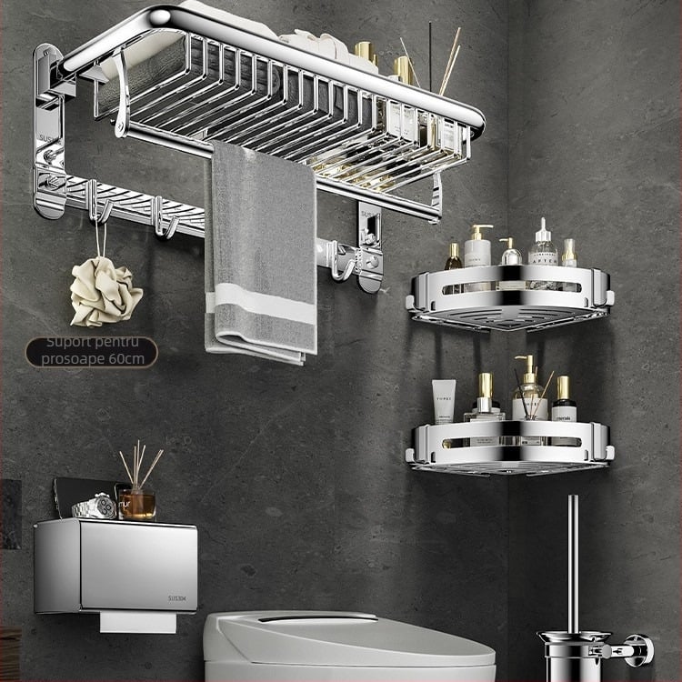 Suport prosoape din oțel inoxidabil 304, 2 niveluri, montat pe perete, fără găuri, pliabil