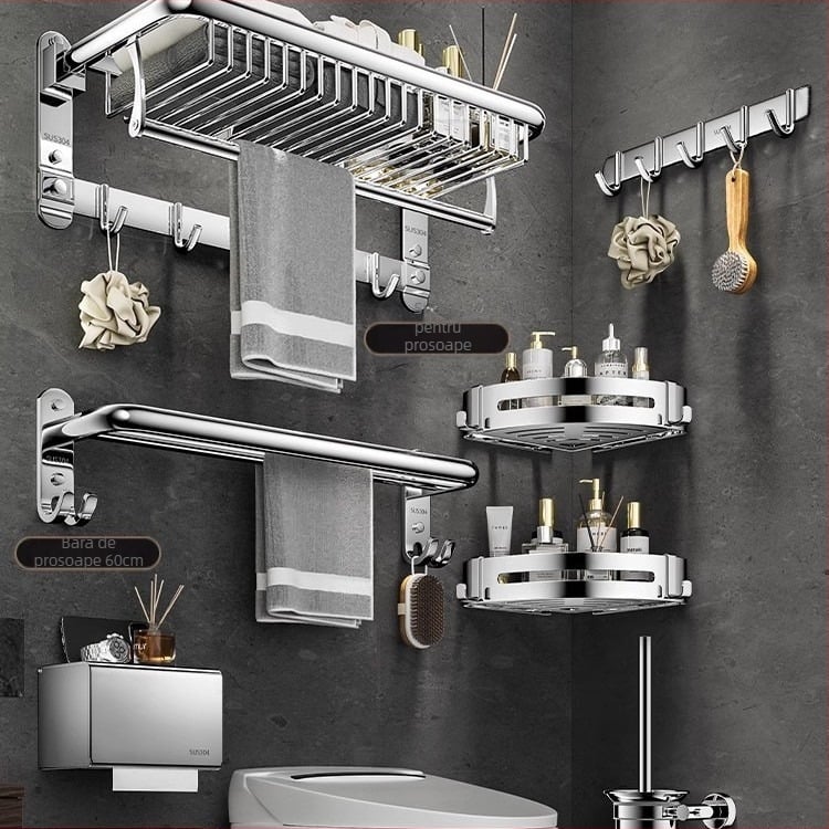 Suport prosoape din oțel inoxidabil 304, 2 niveluri, montat pe perete, fără găuri, pliabil