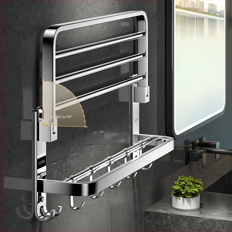 Suport prosoape din oțel inoxidabil 304, 2 niveluri, montat pe perete, fără găuri, pliabil