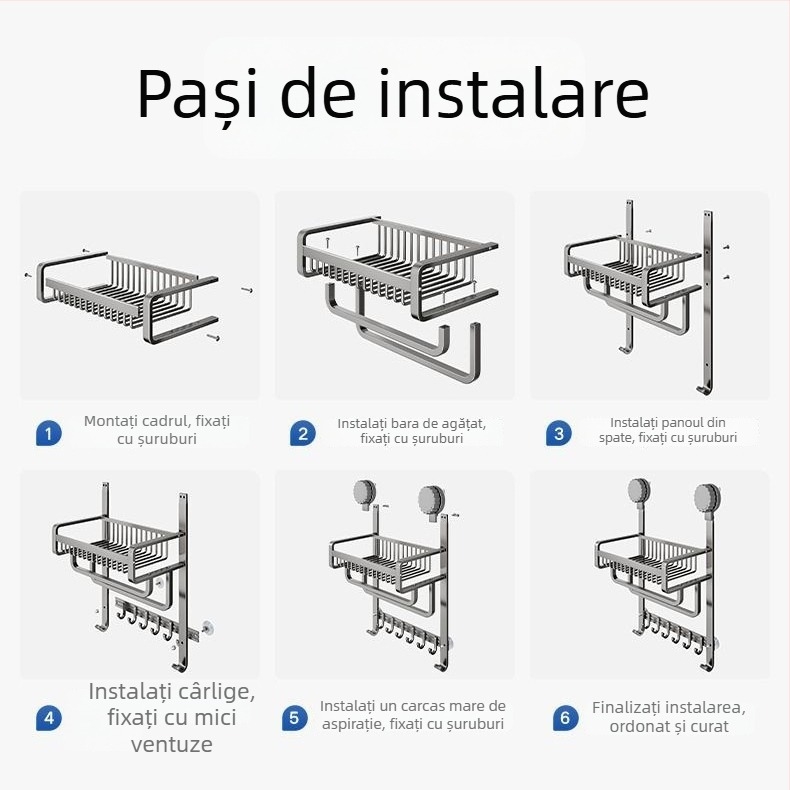 Raft de baie din aluminiu, fără găuri, suport pentru prosoape, etajeră cu trei niveluri, finisaj spray-plastic, capacitate de încărcare 20 kg