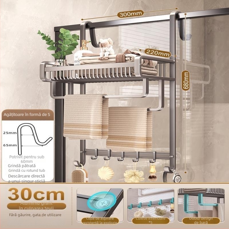 Raft de baie din aluminiu, fără găuri, suport pentru prosoape, etajeră cu trei niveluri, finisaj spray-plastic, capacitate de încărcare 20 kg